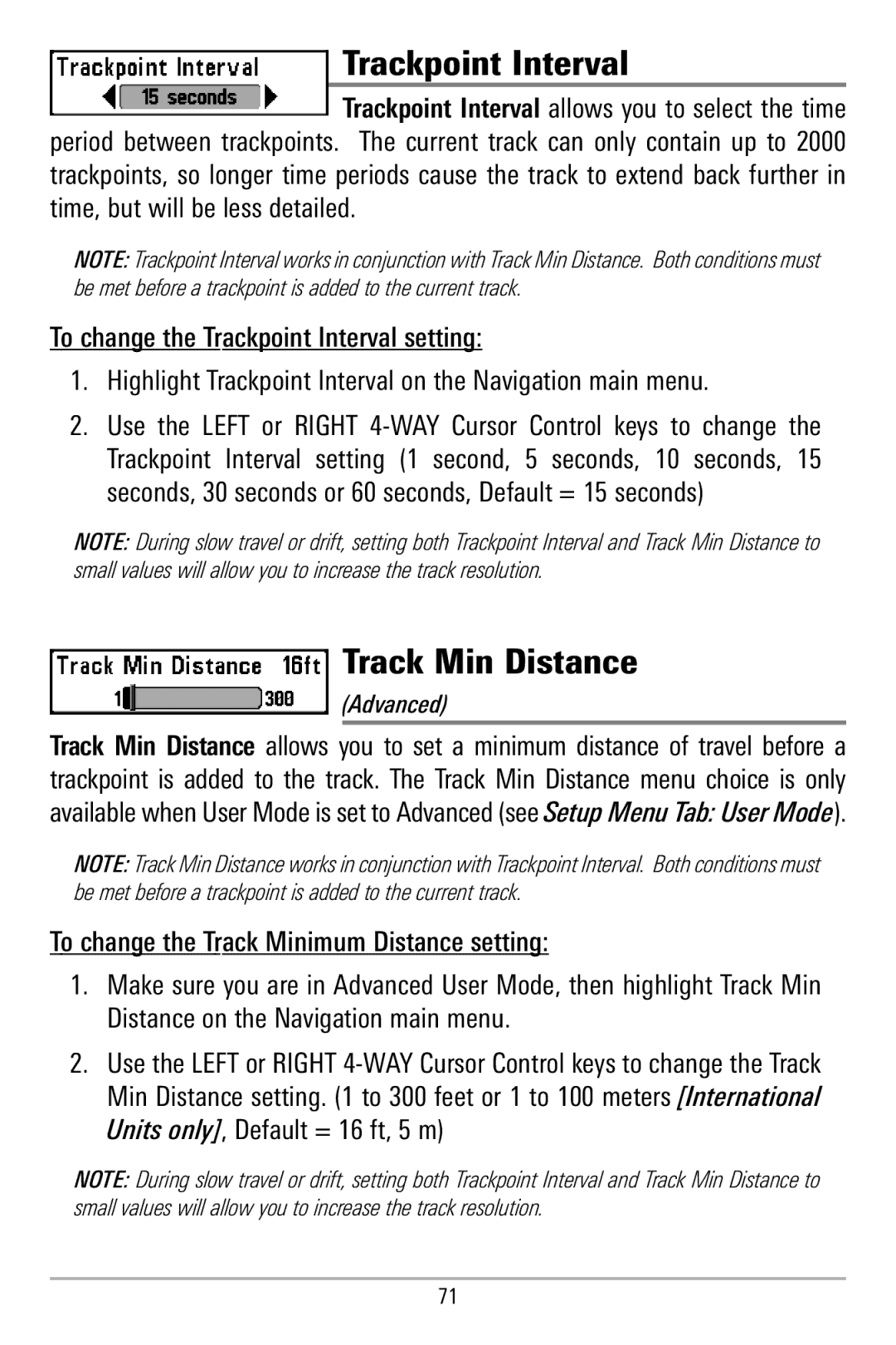 Humminbird 580 manual Trackpoint Interval, Track Min Distance 