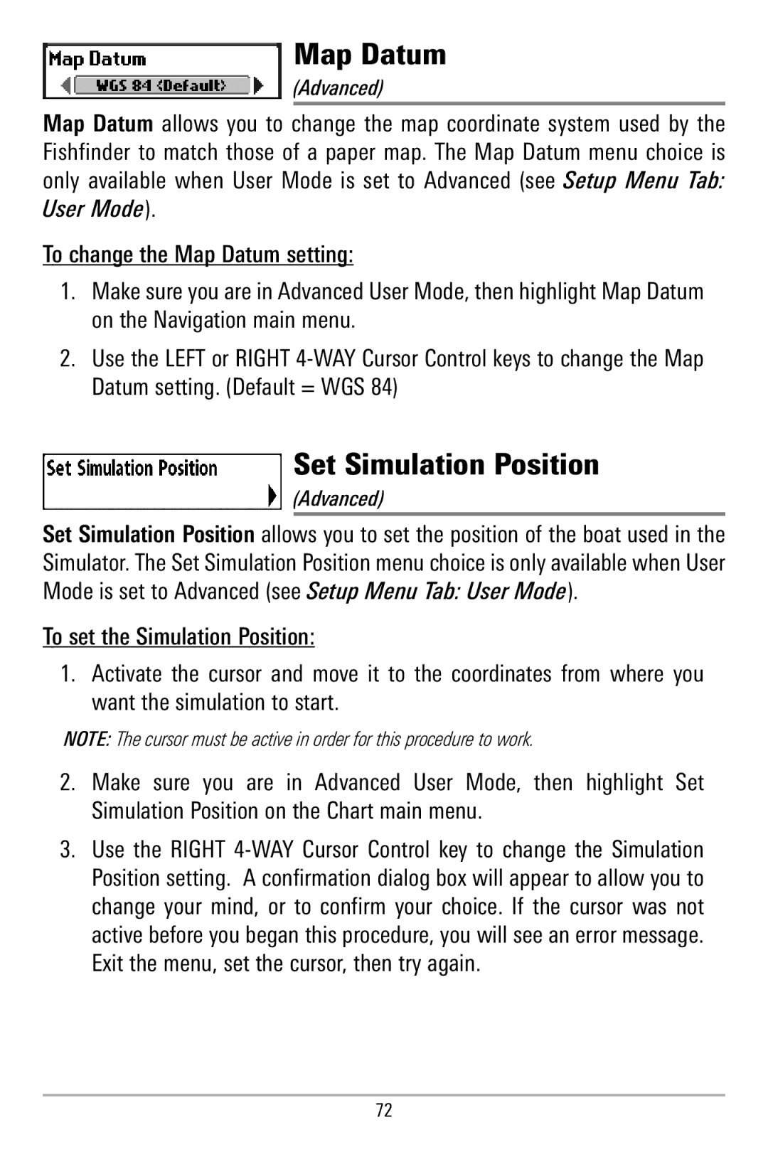 Humminbird 580 manual Map Datum, Set Simulation Position 