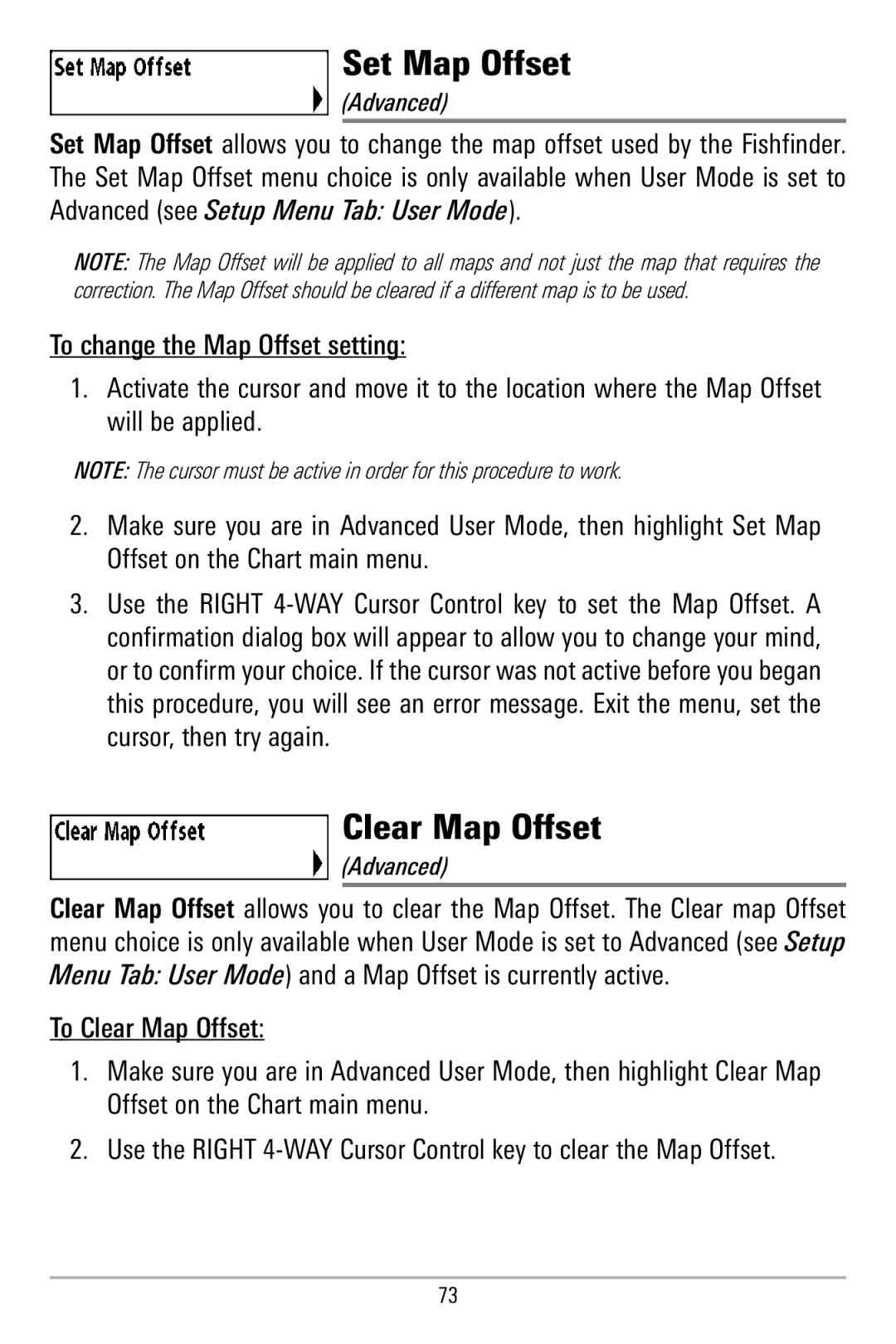 Humminbird 580 manual Set Map Offset, Clear Map Offset 