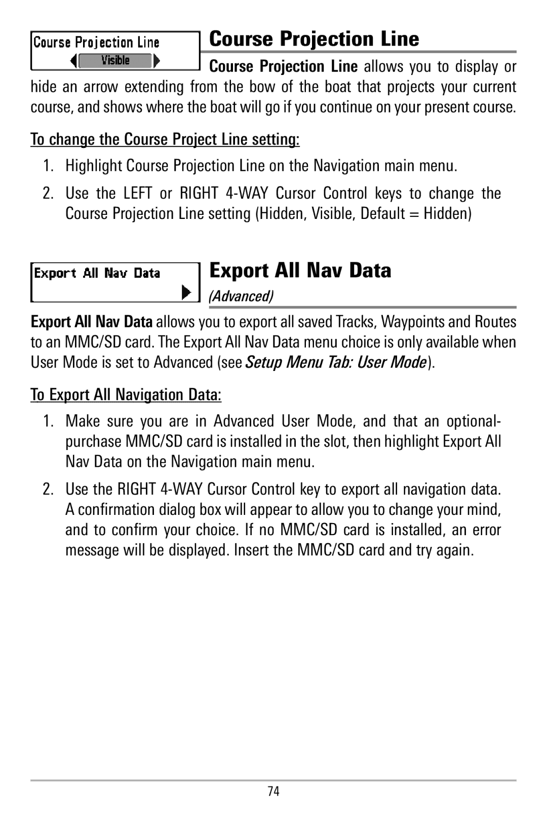 Humminbird 580 manual Course Projection Line, Export All Nav Data, To Export All Navigation Data 