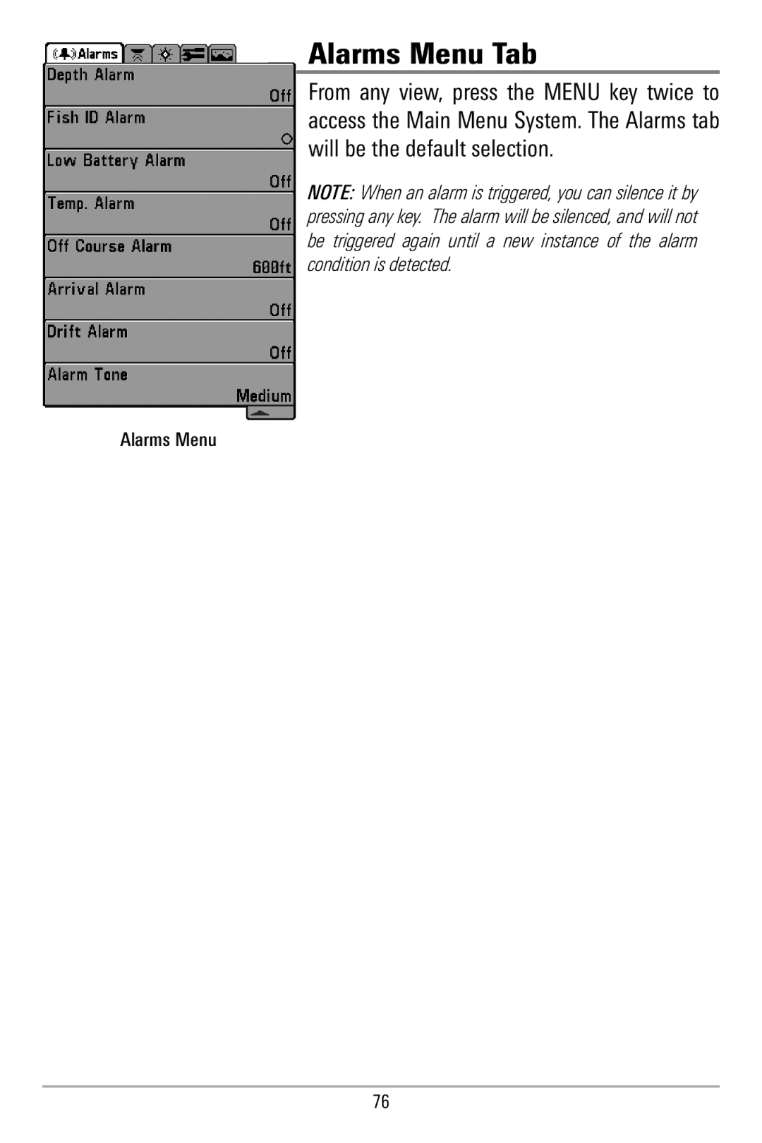 Humminbird 580 manual Alarms Menu Tab 