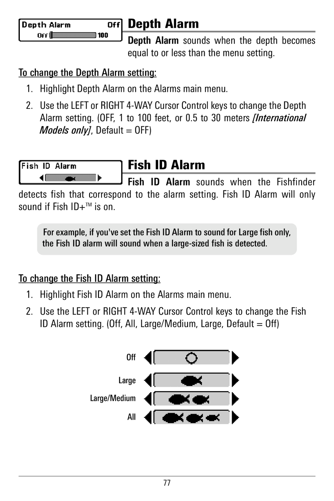 Humminbird 580 manual Depth Alarm, Fish ID Alarm 