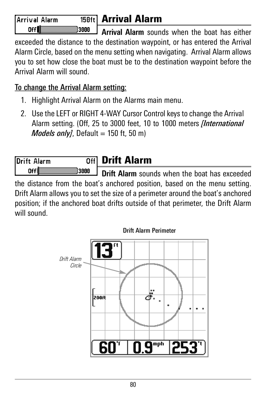 Humminbird 580 manual Arrival Alarm, Drift Alarm 