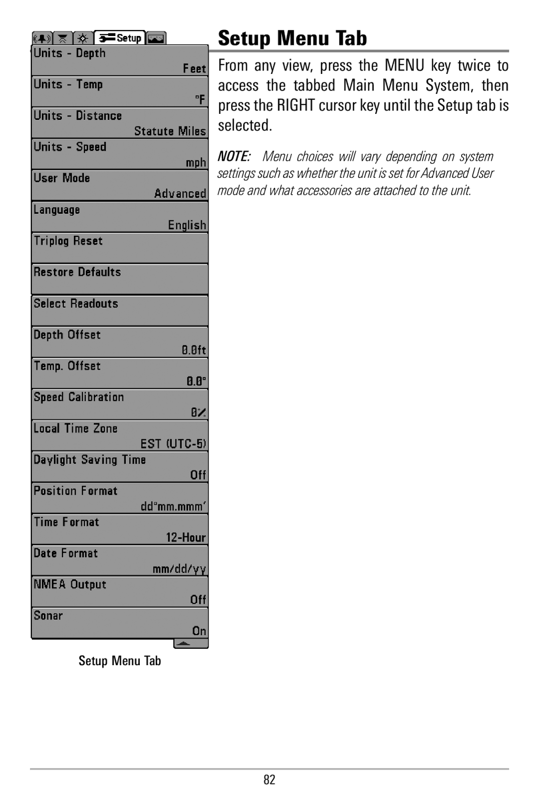 Humminbird 580 manual Setup Menu Tab 