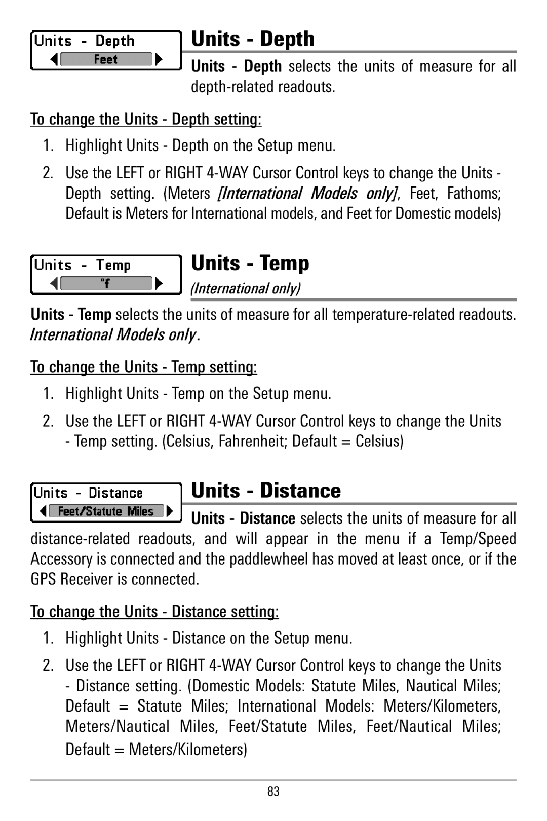 Humminbird 580 manual Units Depth, Units Temp, Units Distance 