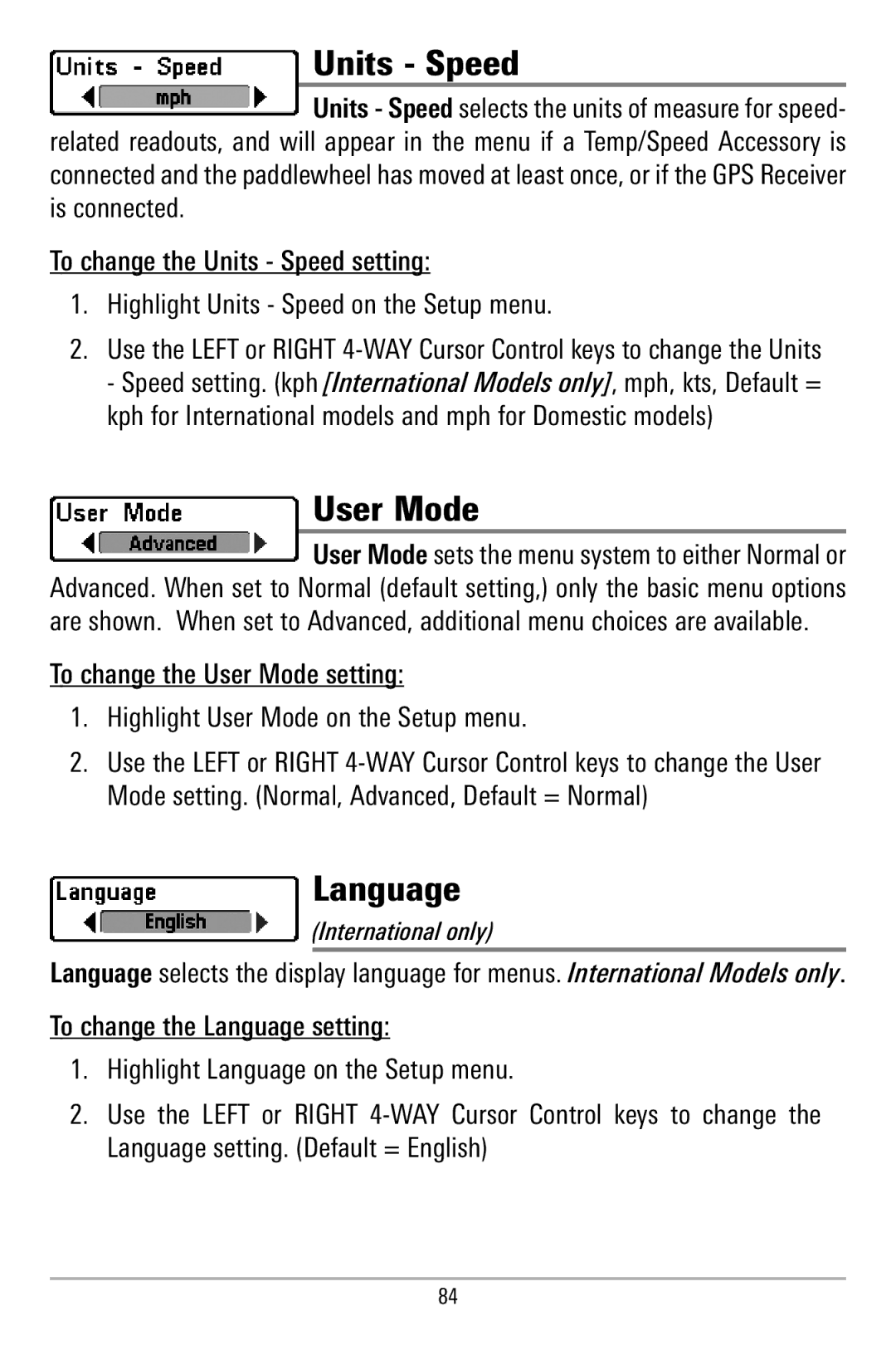 Humminbird 580 manual Units Speed, User Mode, Language 