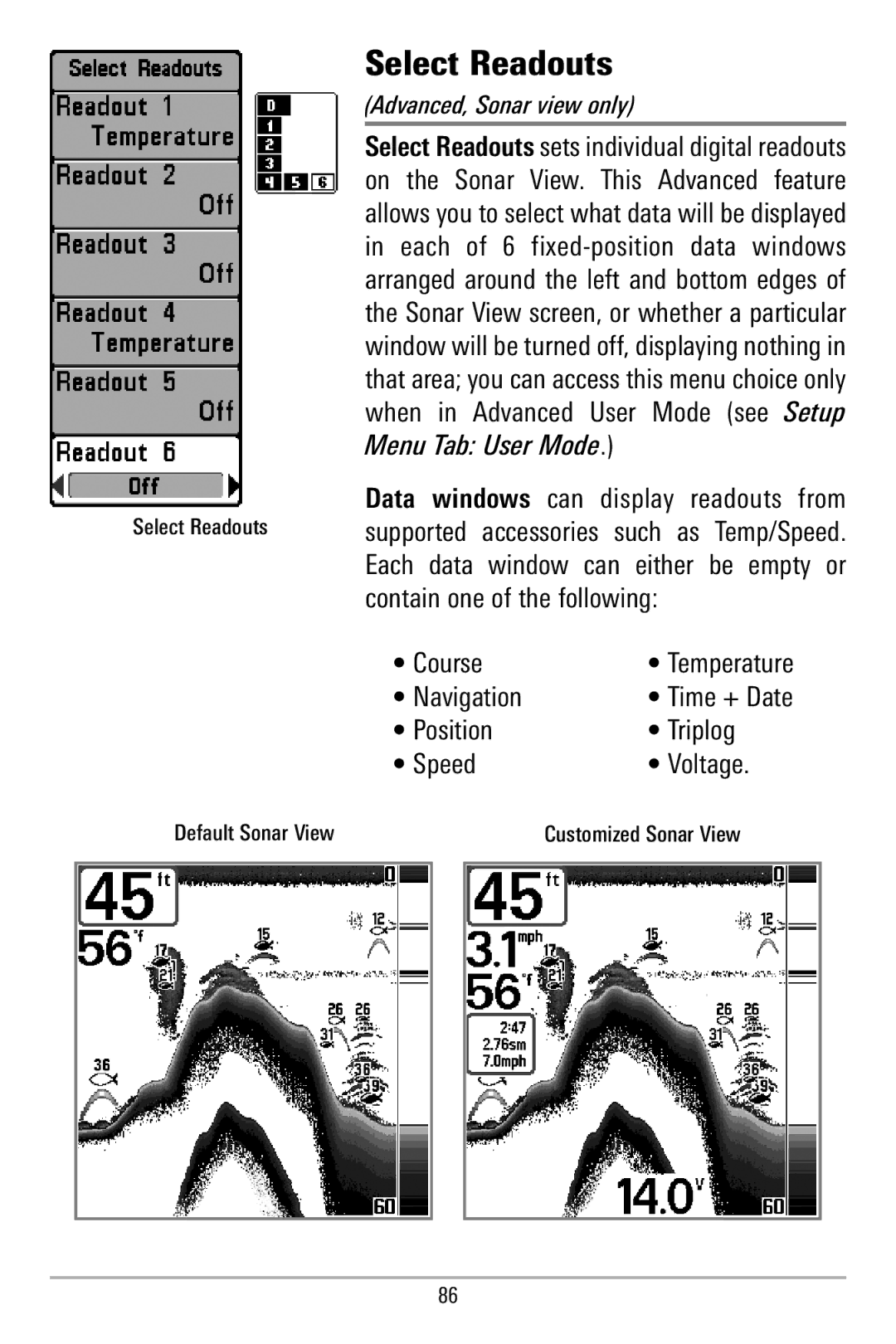 Humminbird 580 manual Select Readouts, Advanced, Sonar view only 