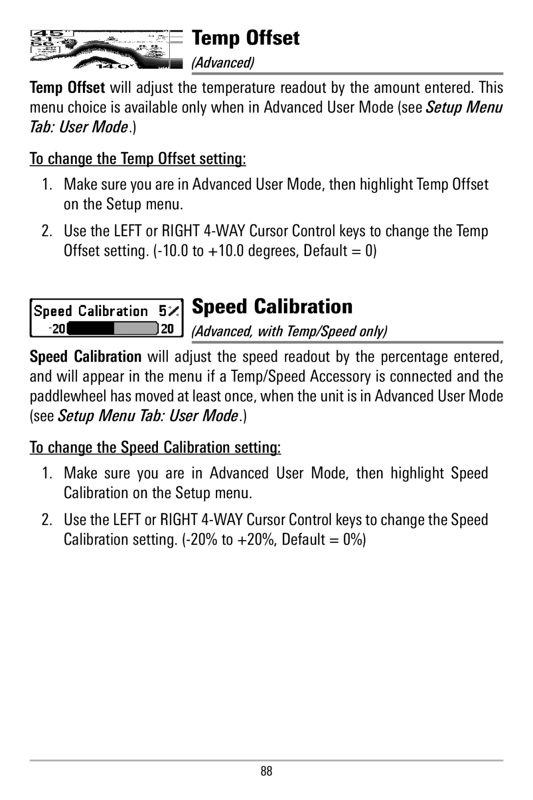 Humminbird 580 manual Temp Offset, Speed Calibration 