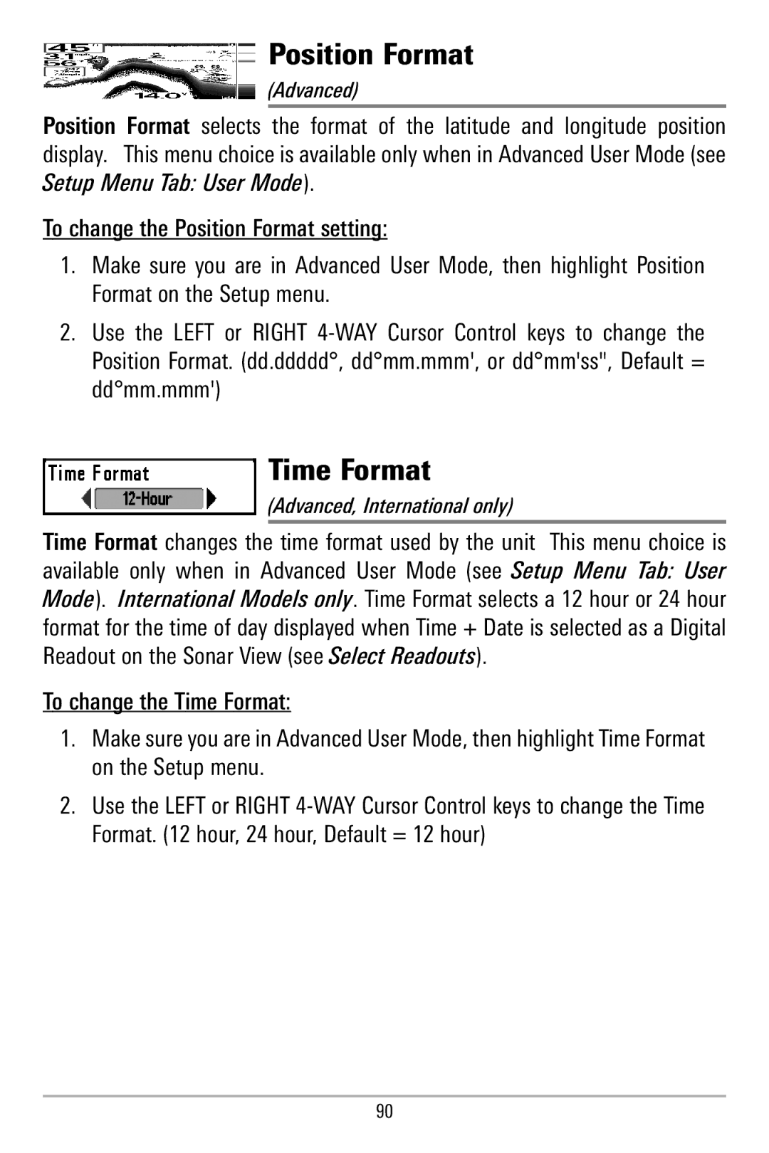 Humminbird 580 manual Position Format, Time Format 