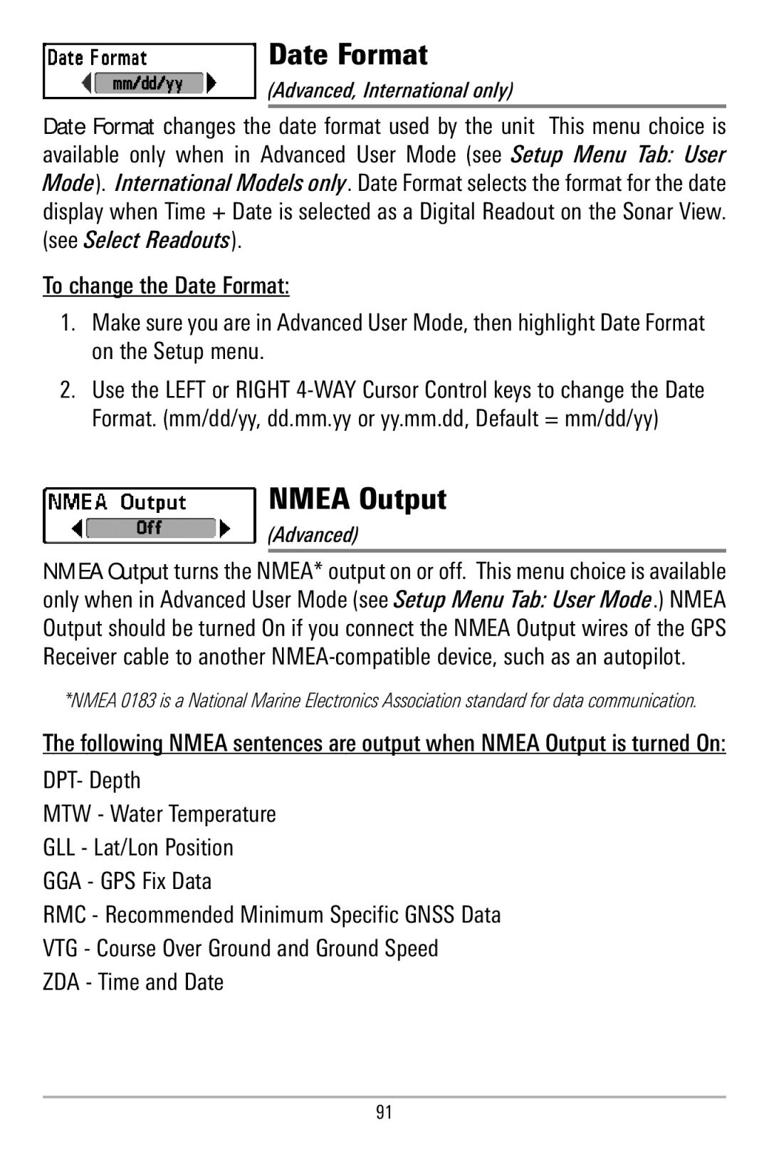 Humminbird 580 manual Date Format, Nmea Output 