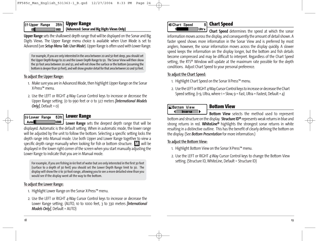 Humminbird 585C manual Upper Range, Lower Range, Chart Speed, Bottom View 