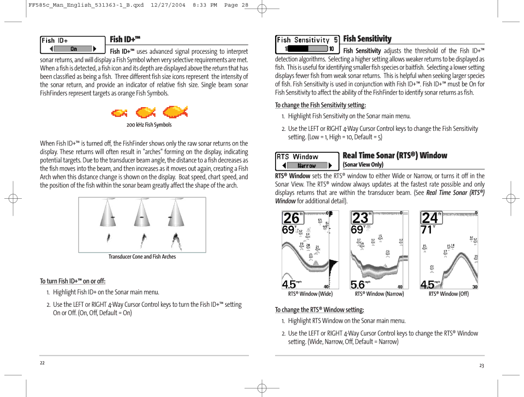 Humminbird 585C manual To turn Fish ID+ on or off, To change the Fish Sensitivity setting 