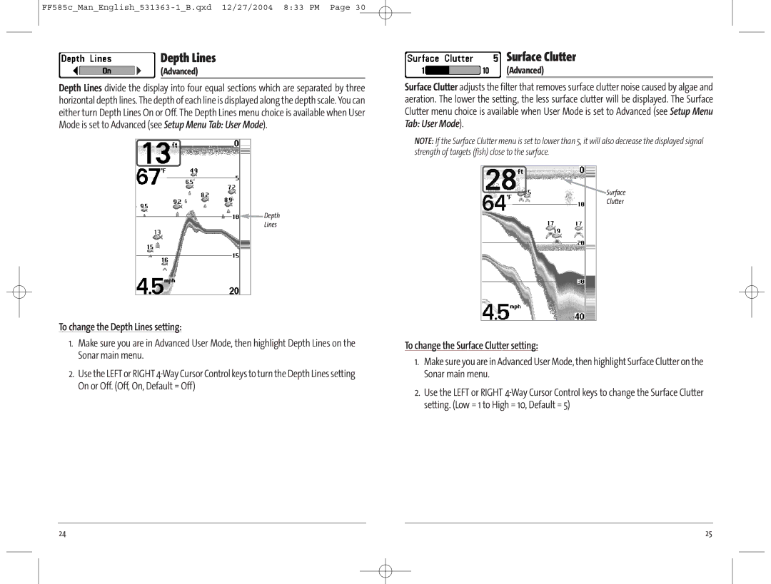 Humminbird 585C manual To change the Depth Lines setting, To change the Surface Clutter setting, Advanced 