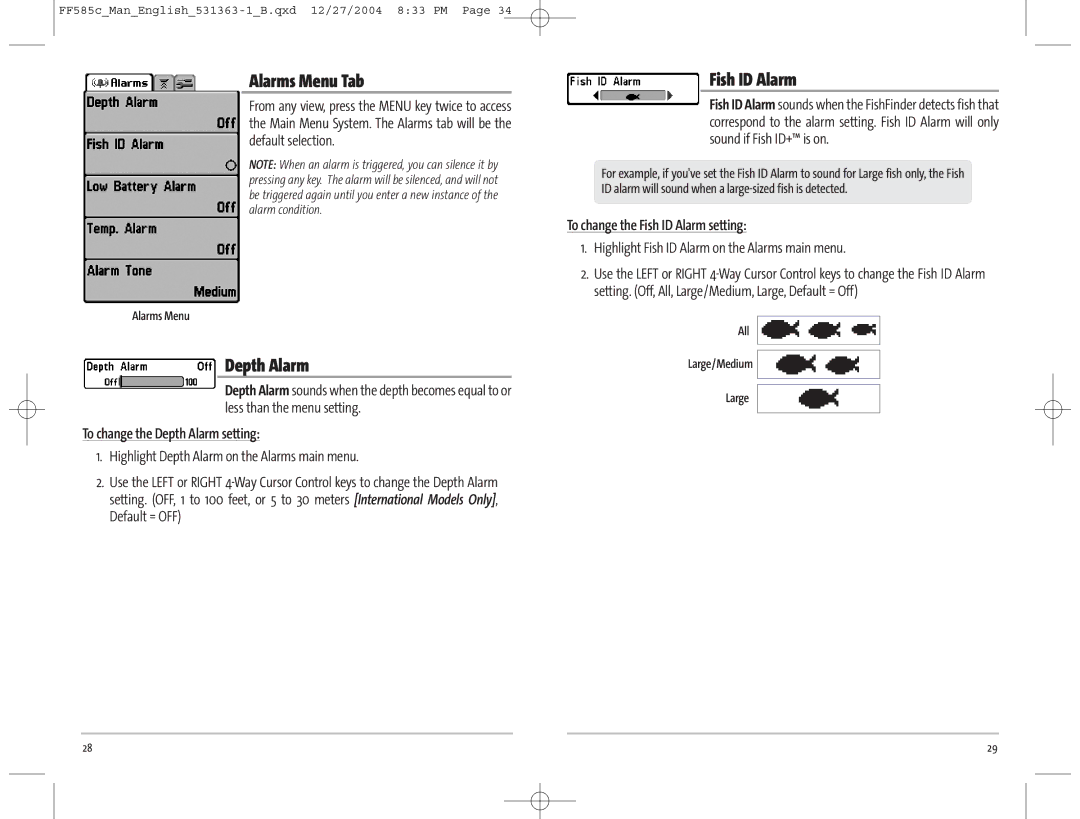 Humminbird 585C manual Alarms Menu Tab, To change the Depth Alarm setting, To change the Fish ID Alarm setting 