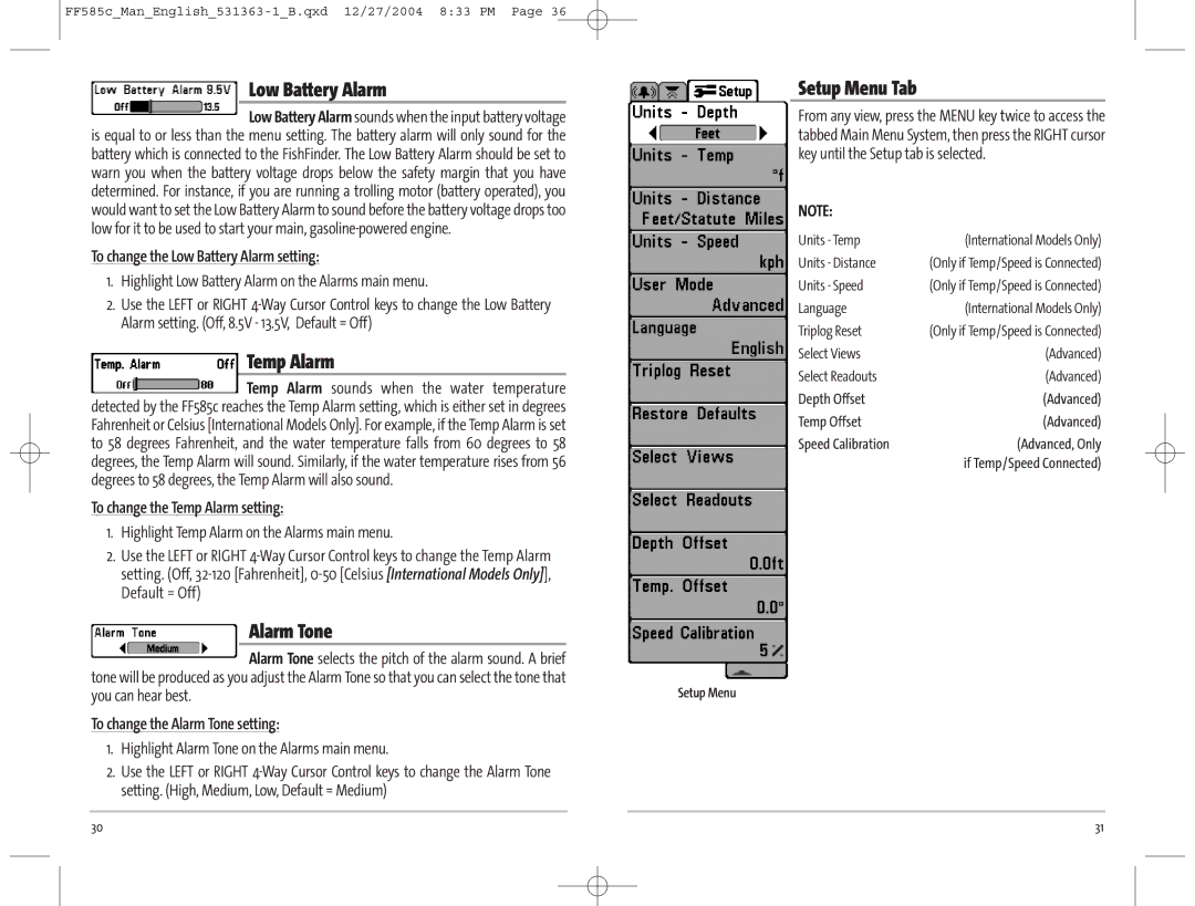 Humminbird 585C manual Low Battery Alarm, Temp Alarm, Alarm Tone, Setup Menu Tab 