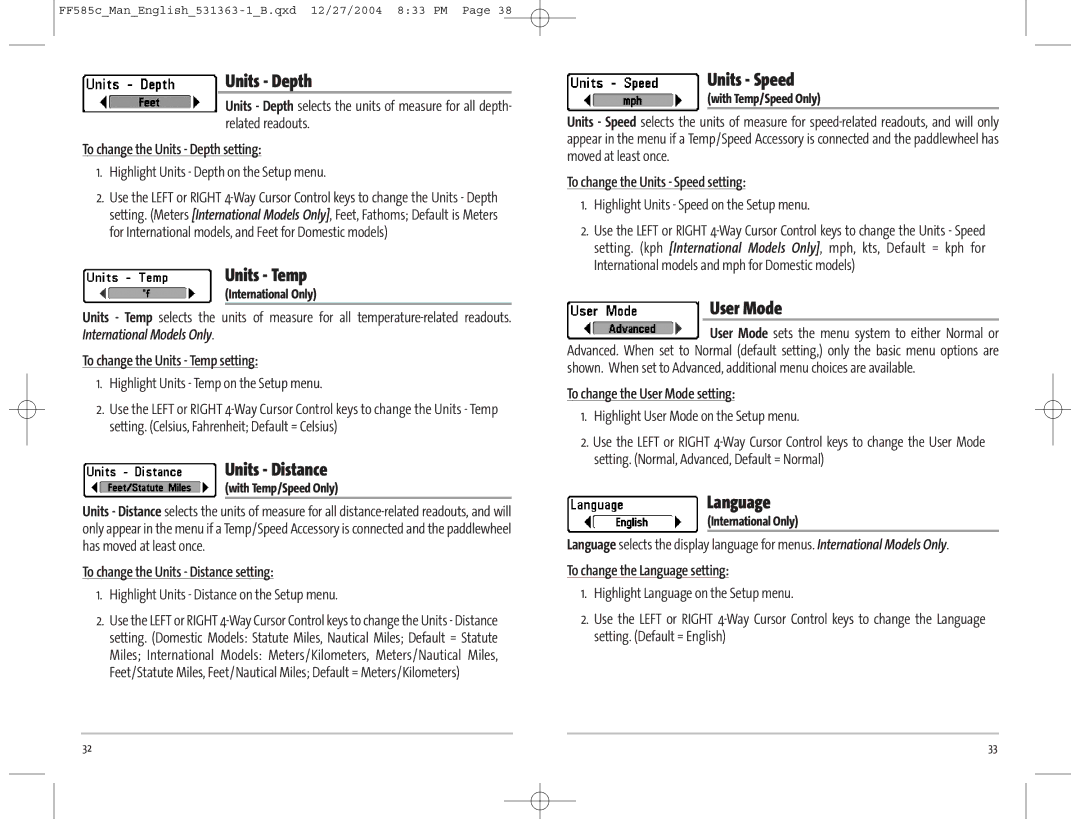 Humminbird 585C manual Units Depth, Units Temp, Units Distance, Units Speed, User Mode, Language 