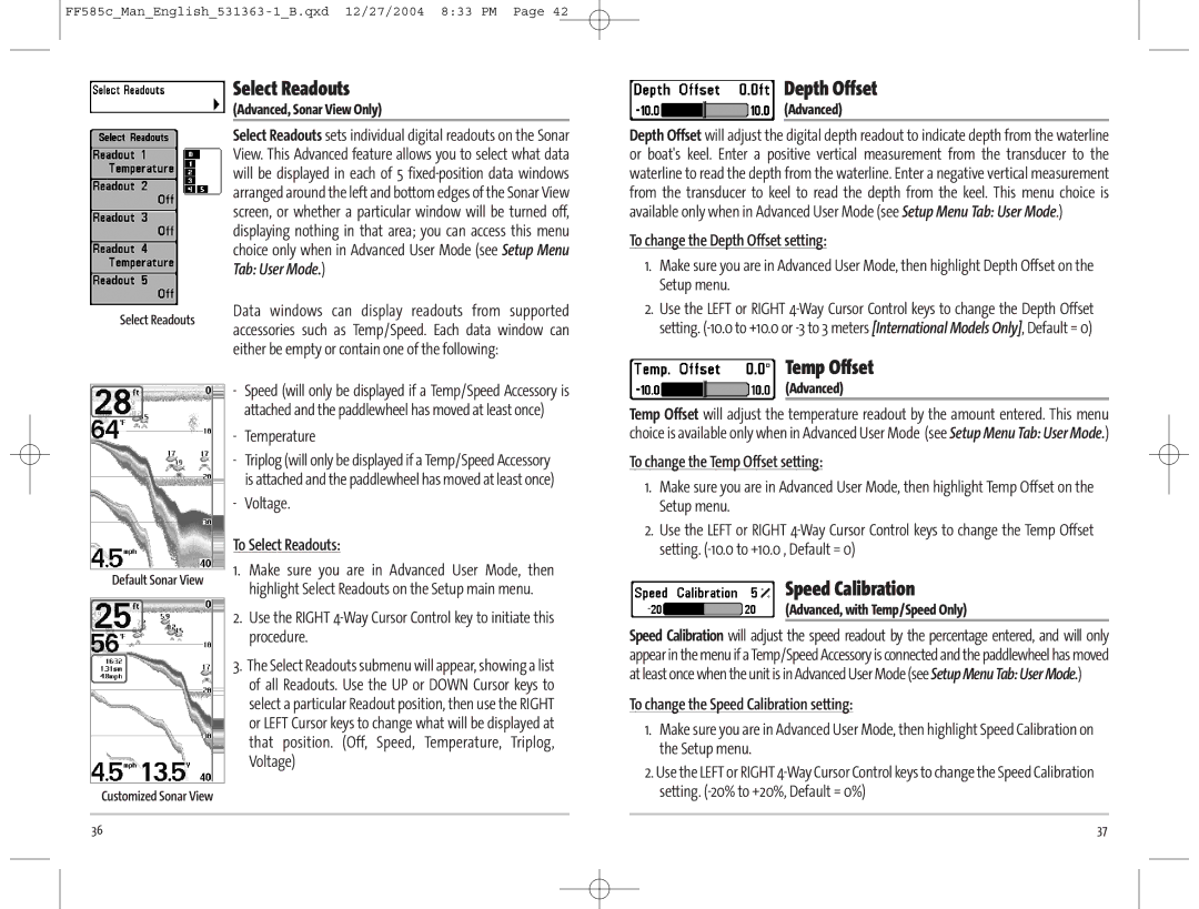 Humminbird 585C manual Select Readouts, Depth Offset, Temp Offset, Speed Calibration 