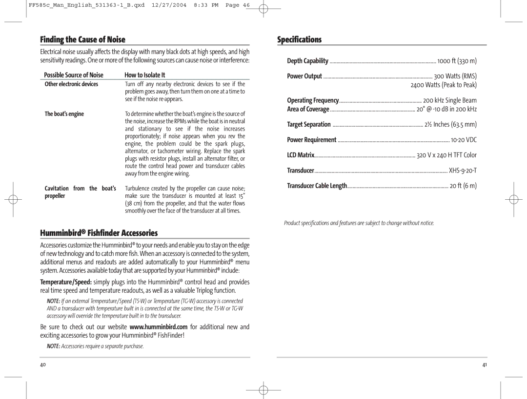 Humminbird 585C manual Finding the Cause of Noise, Humminbird Fishfinder Accessories, Specifications 