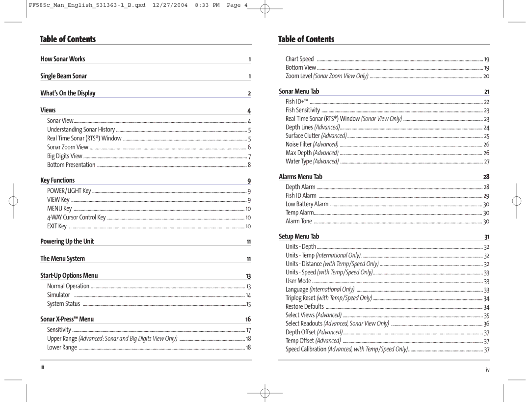 Humminbird 585C manual Table of Contents 