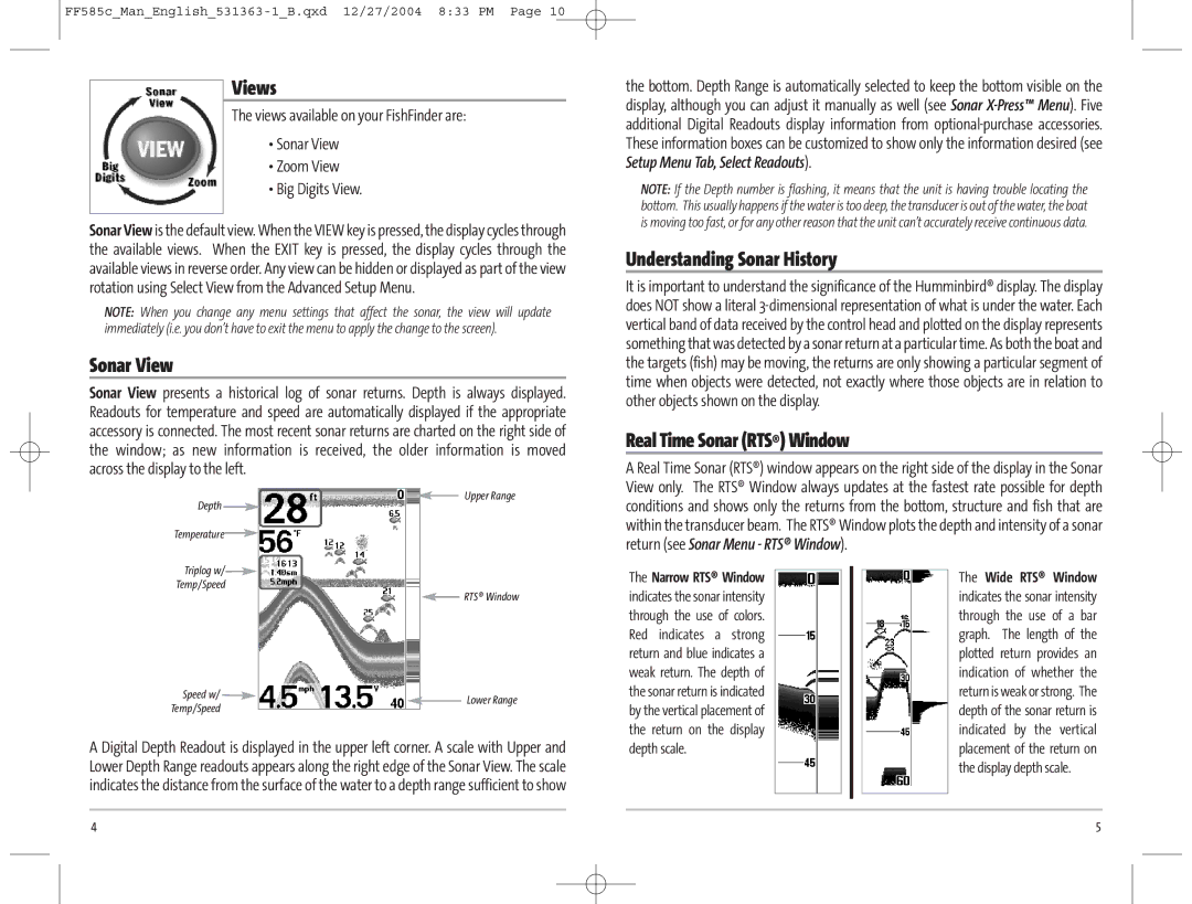 Humminbird 585C manual Views, Sonar View, Understanding Sonar History, Real Time Sonar RTS Window 