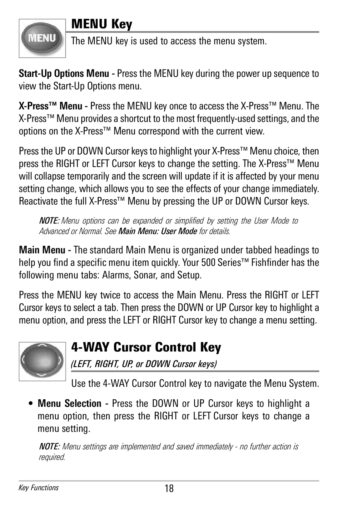 Humminbird 586c, 596c manual Menu Key, WAY Cursor Control Key 