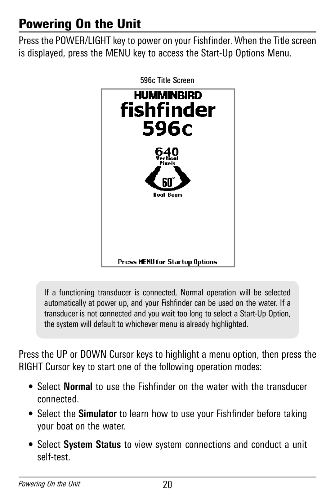 Humminbird 586c manual Powering On the Unit, 596c Title Screen 