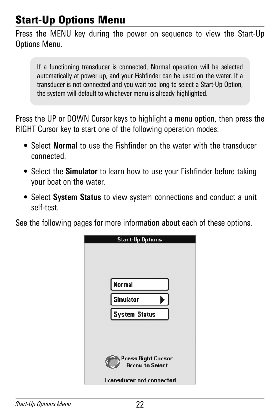 Humminbird 586c, 596c manual Start-Up Options Menu 