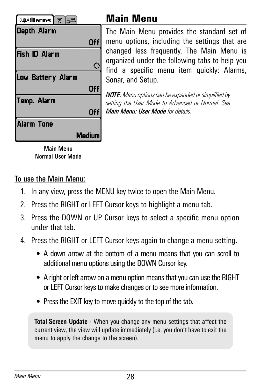 Humminbird 586c, 596c manual Main Menu, Press the Exit key to move quicklyto the top of the tab 