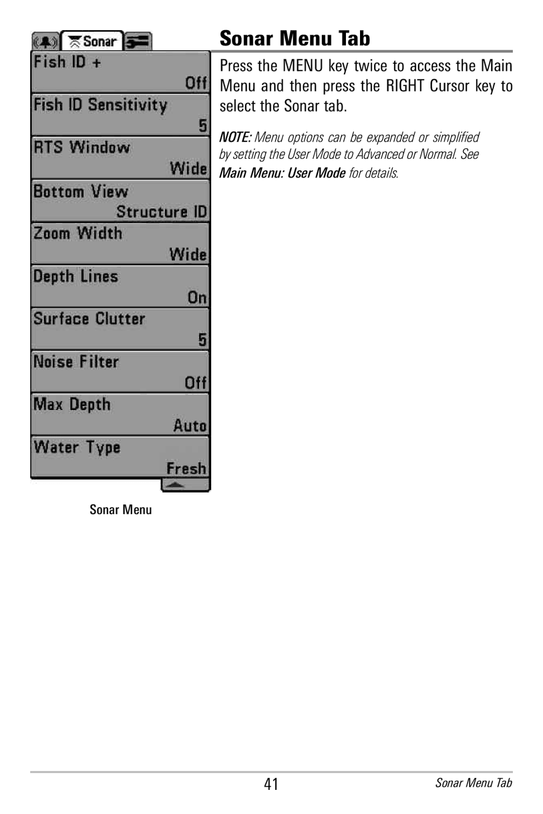 Humminbird 596c, 586c manual Sonar Menu Tab 