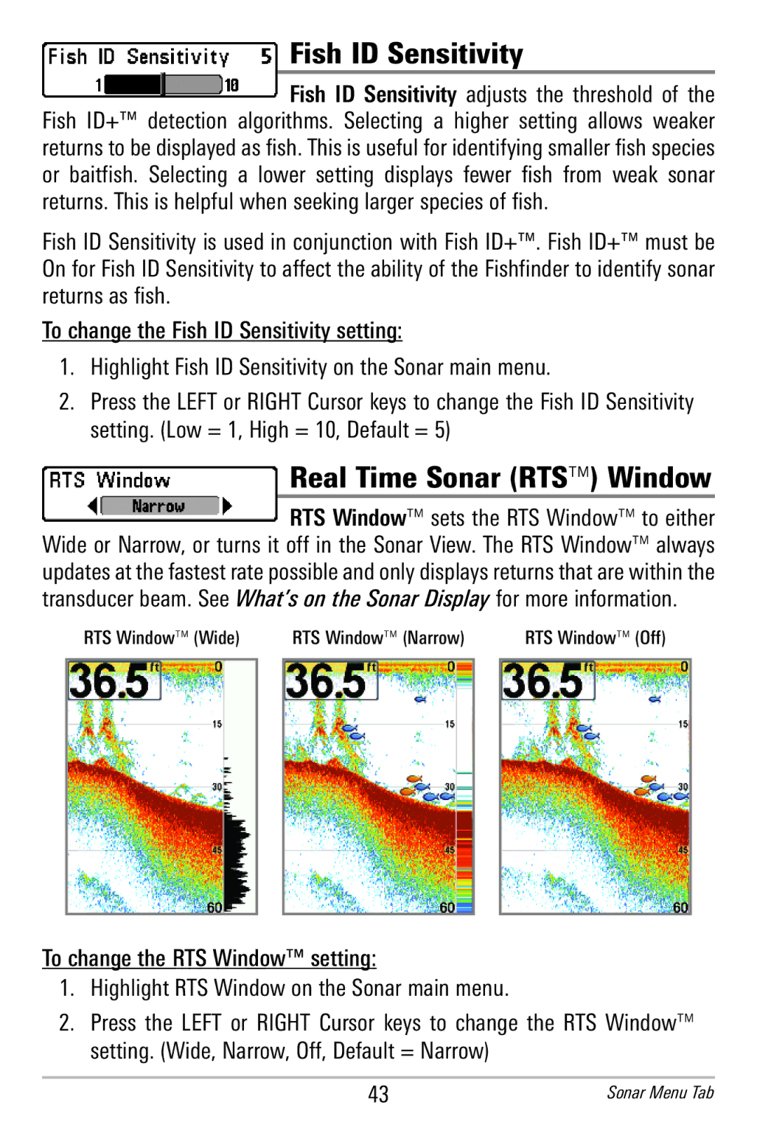 Humminbird 596c, 586c manual Fish ID Sensitivity, Real Time Sonar RTS Window, Highlight RTS Window on the Sonar main menu 