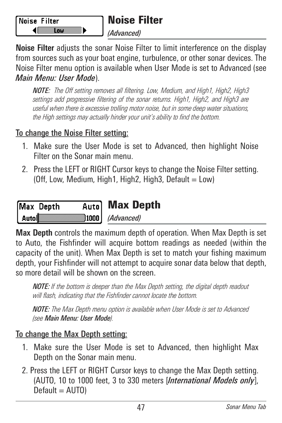 Humminbird 596c, 586c manual Noise Filter, Max Depth 