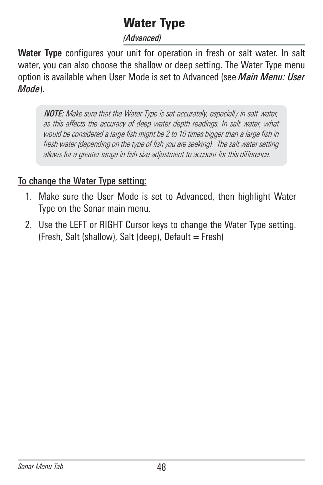 Humminbird 586c, 596c manual Water Type 