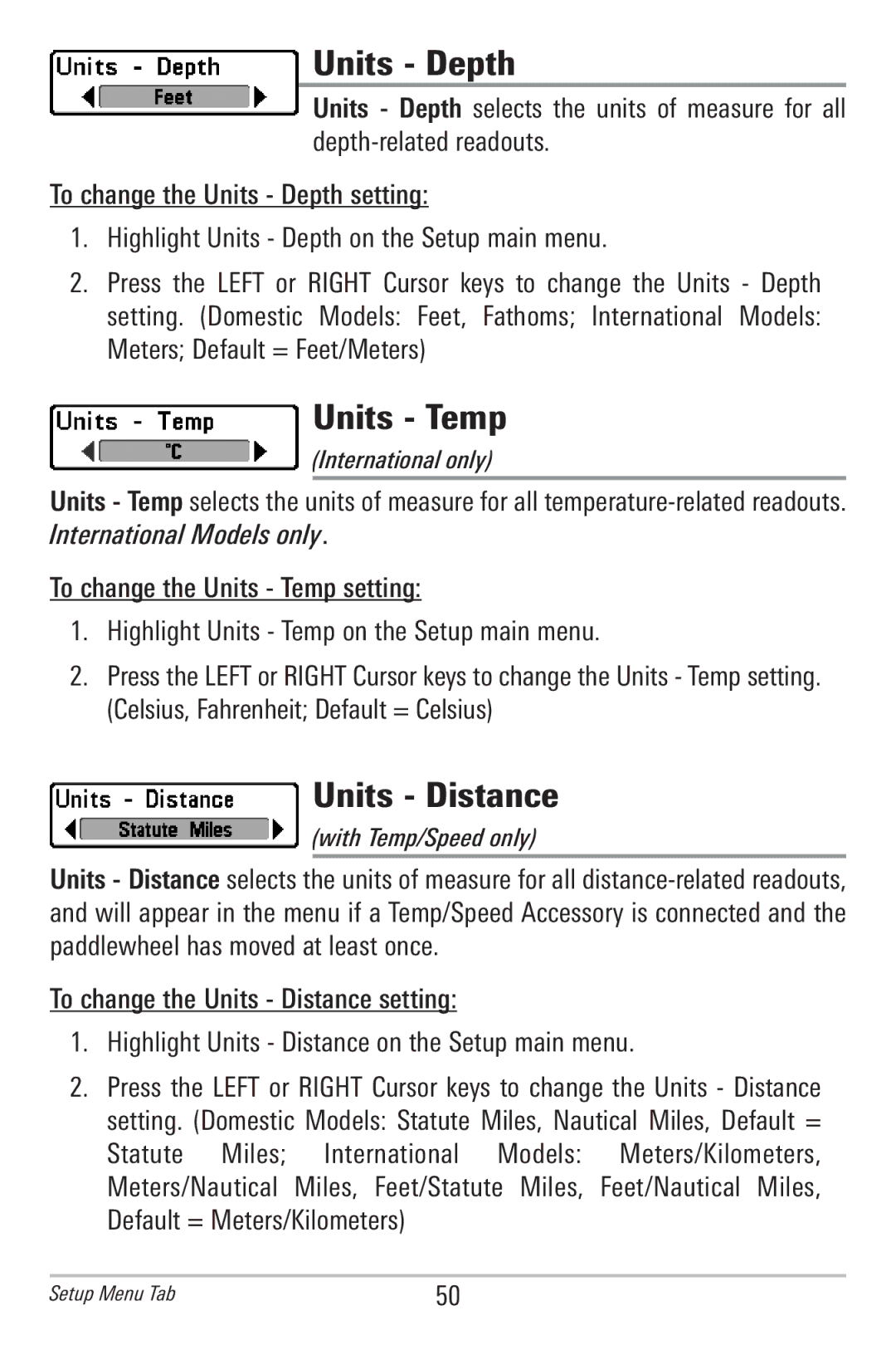 Humminbird 586c, 596c manual Units Depth, Units Temp, Highlight Units Distance on the Setup main menu 