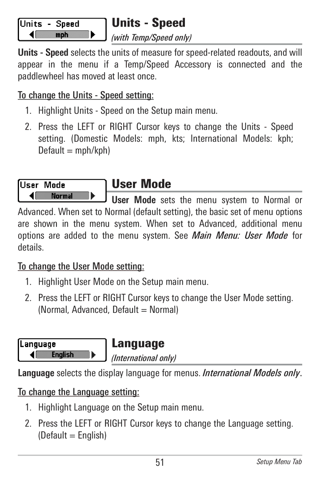 Humminbird 596c, 586c manual Units Speed, User Mode, Language 