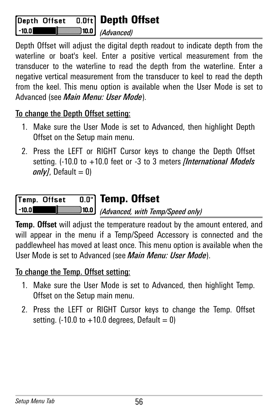 Humminbird 586c, 596c manual Depth Offset, Temp. Offset 