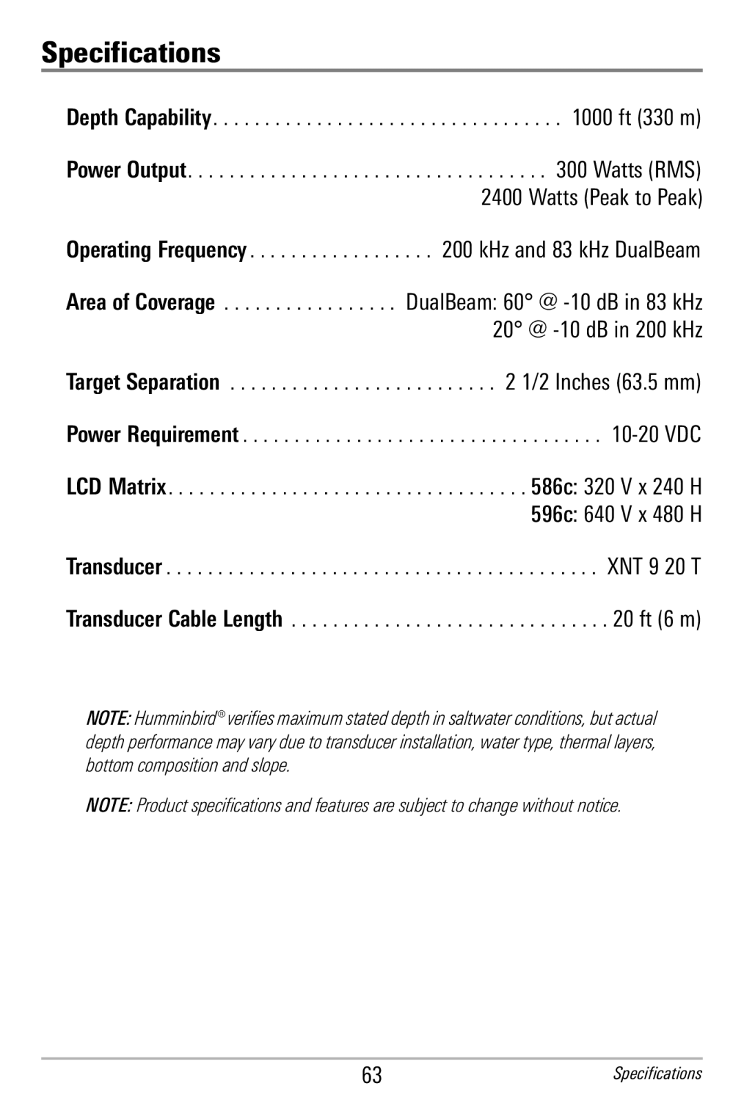 Humminbird 596c, 586c manual Specifications, Depth Capability ft 330 m 
