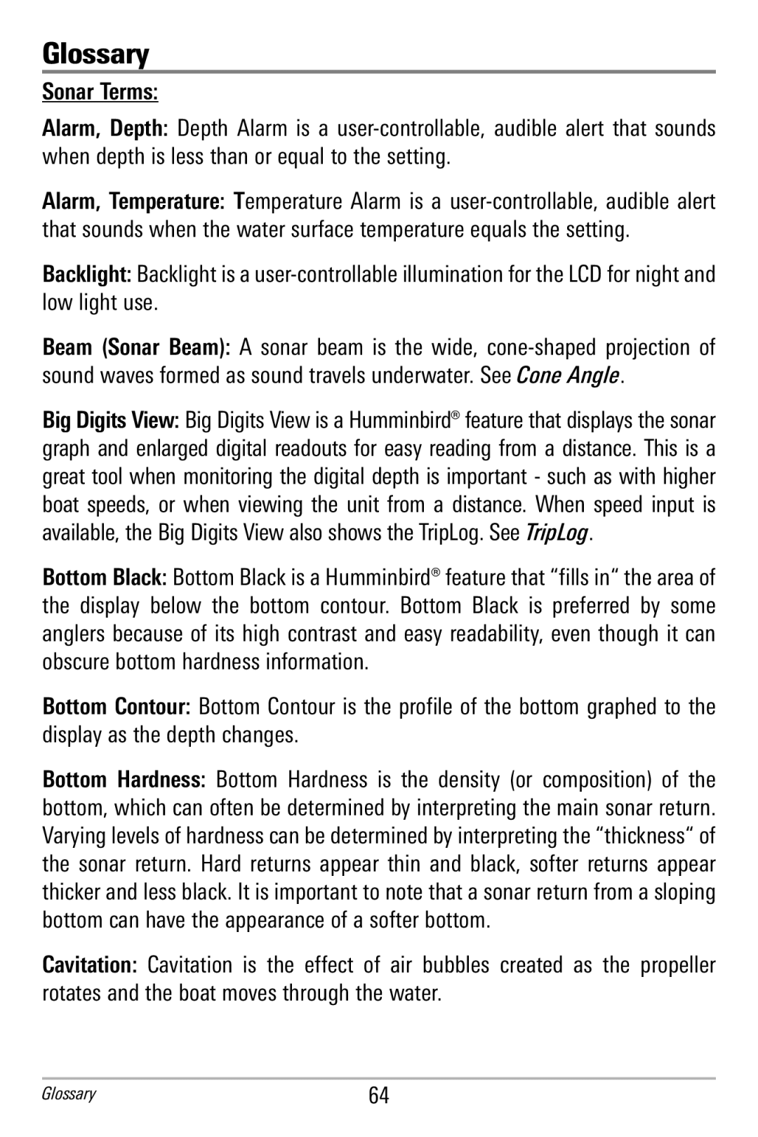 Humminbird 586c, 596c manual Glossary, Sonar Terms 