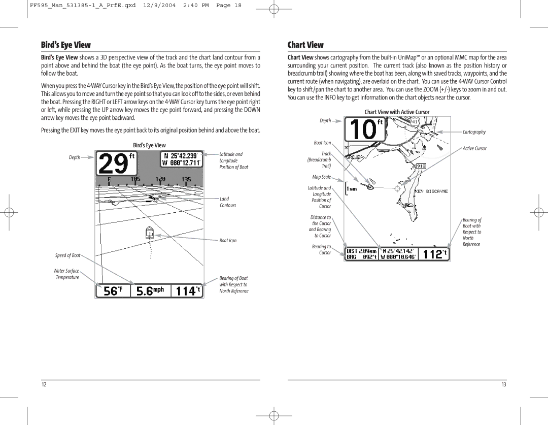 Humminbird 595C manual Bird’s Eye View, Chart View with Active Cursor 