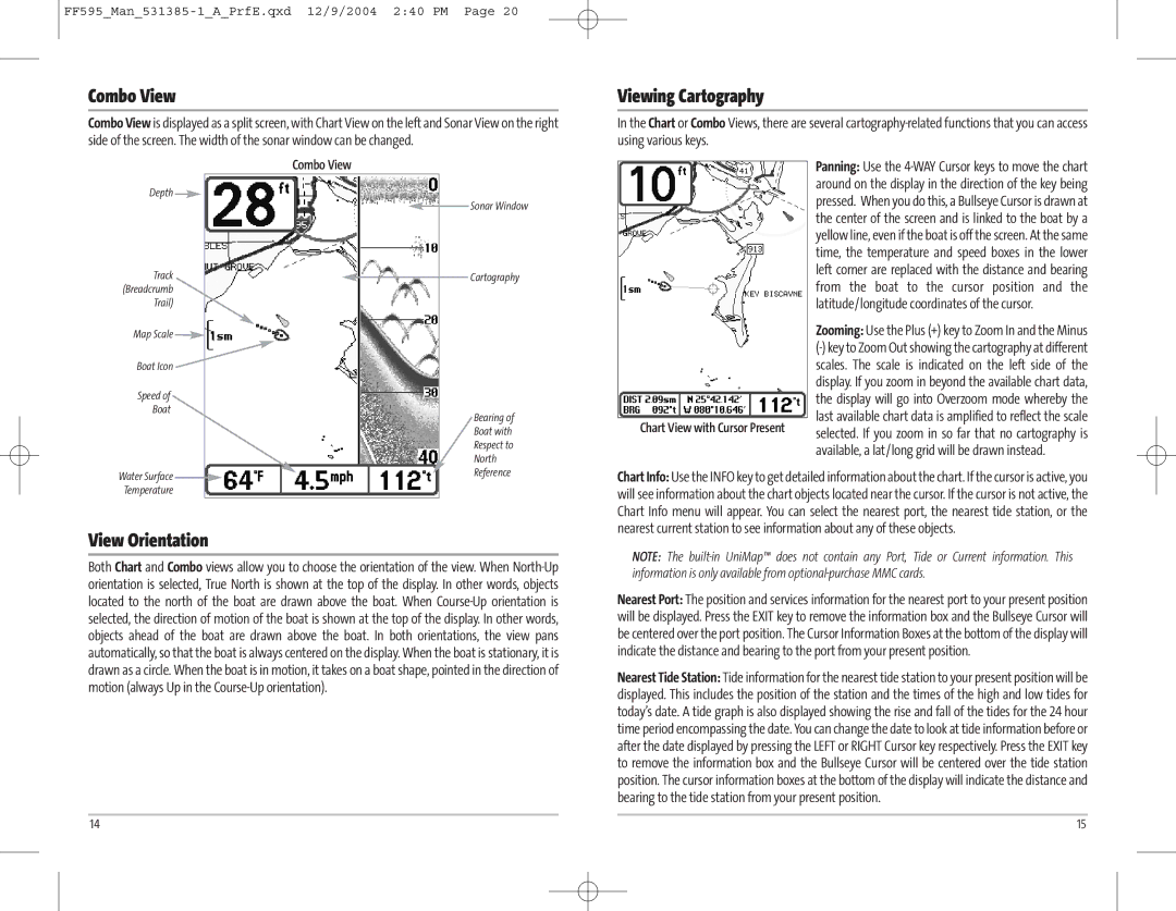 Humminbird 595C manual Combo View, View Orientation, Viewing Cartography 