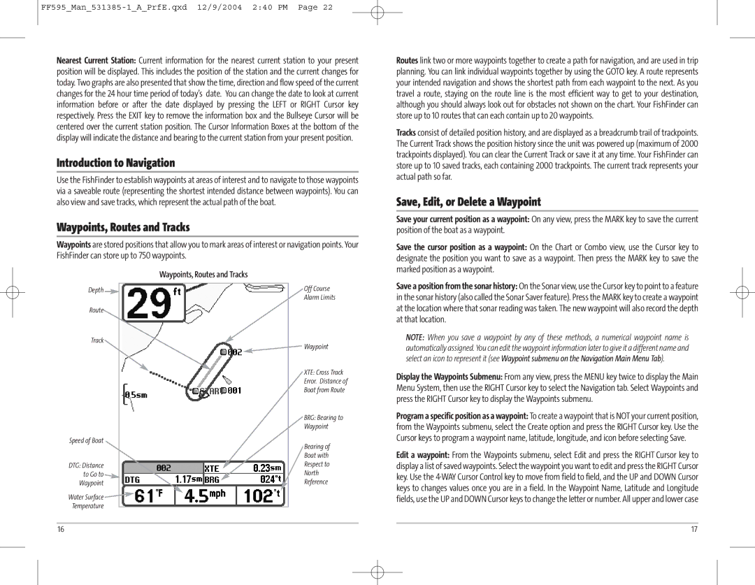 Humminbird 595C manual Introduction to Navigation, Waypoints, Routes and Tracks, Save, Edit, or Delete a Waypoint 