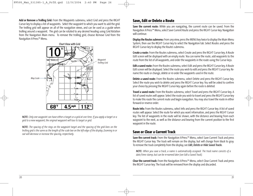 Humminbird 595C manual Save, Edit or Delete a Route, Save or Clear a Current Track, Chart View with Grid 