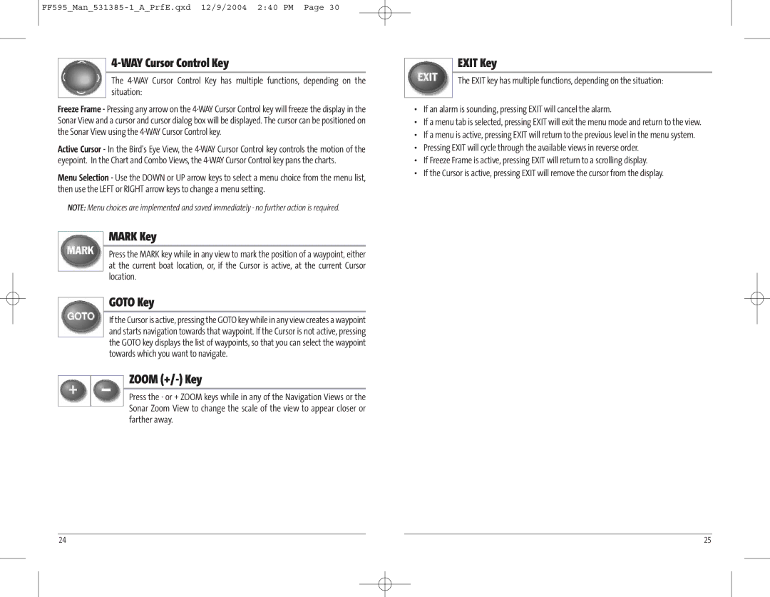 Humminbird 595C manual WAY Cursor Control Key, Mark Key, Goto Key, Zoom +/- Key, Exit Key 
