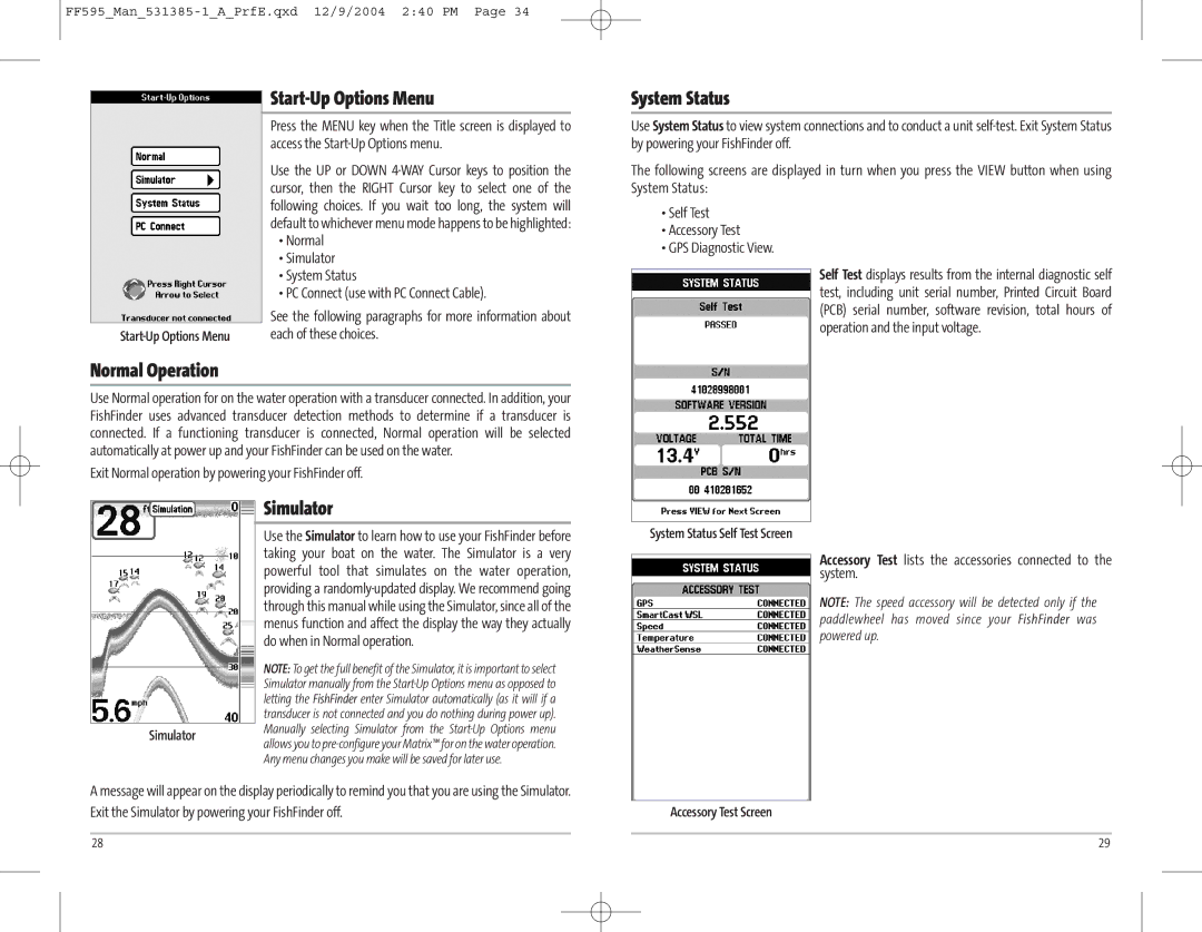 Humminbird 595C manual Start-Up Options Menu, Normal Operation, Simulator, System Status 