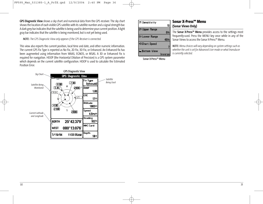 Humminbird 595C manual Sonar X-Press Menu, Sonar Views Only, Position Error, GPS Diagnostic View 