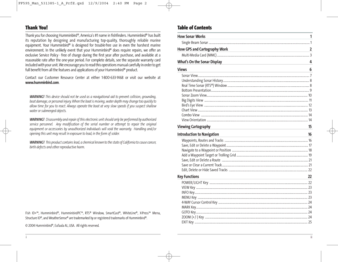 Humminbird 595C manual Thank You, Table of Contents 