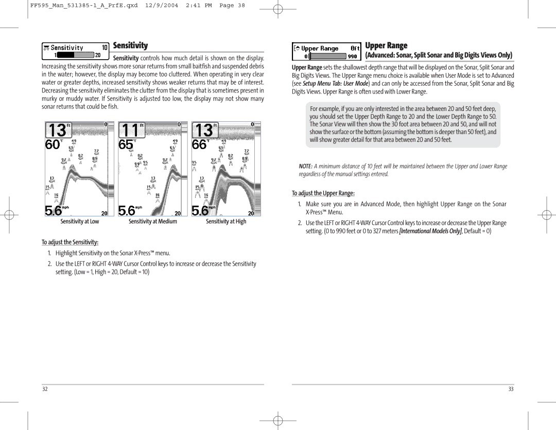 Humminbird 595C manual Upper Range, To adjust the Sensitivity, Advanced Sonar, Split Sonar and Big Digits Views Only 