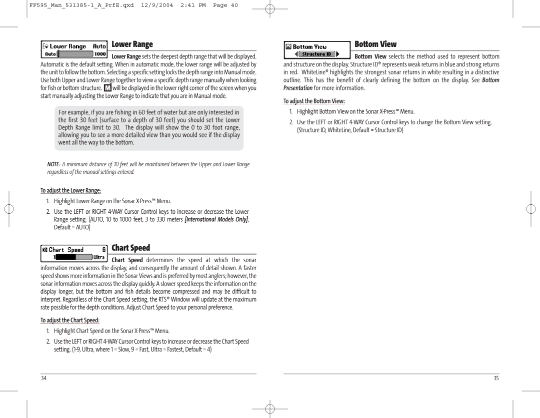 Humminbird 595C manual Lower Range, Chart Speed, Bottom View 