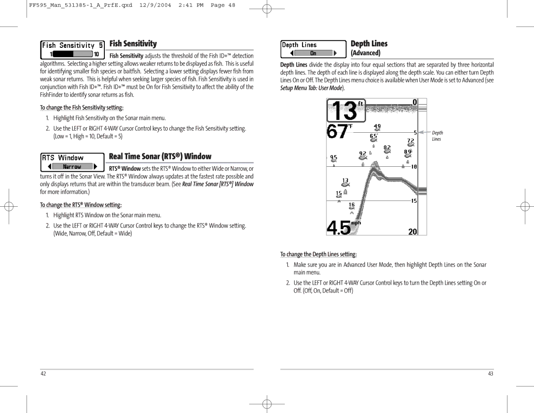 Humminbird 595C manual Fish Sensitivity, Depth Lines, Advanced 