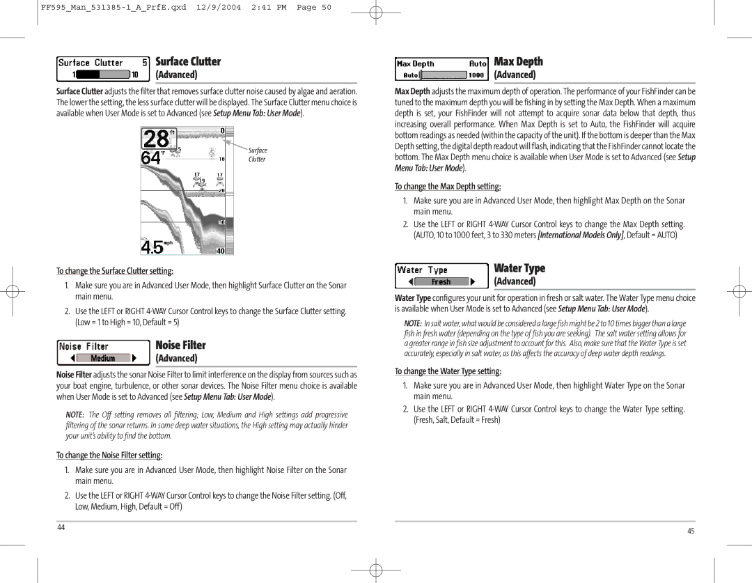 Humminbird 595C manual Surface Clutter, Noise Filter, Max Depth, Water Type 