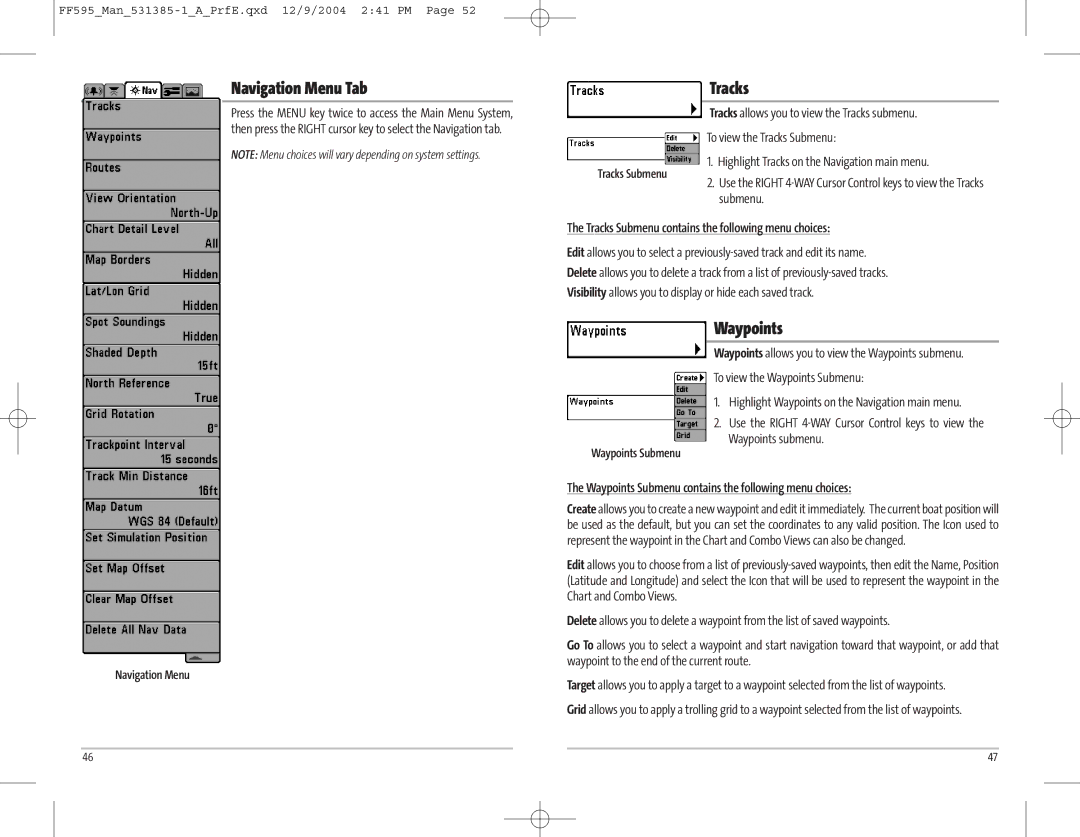 Humminbird 595C manual Navigation Menu Tab, Waypoints, Tracks Submenu contains the following menu choices 